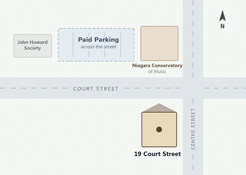 Location map: 19 Court Street at the corner of Court and Centre Streets, with paid monthly parking directly across the street at the Niagara Conservatory of Music